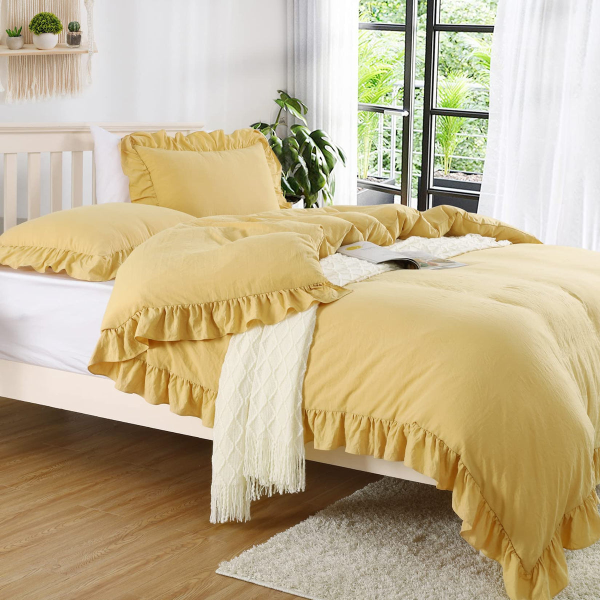 CAROMIO White Ruffle Duvet Cover Queen Size, 3PCS Soft Washed Microfiber Vintage French Country Duvet Cover Set for Queen Bed, White, 90x90 in