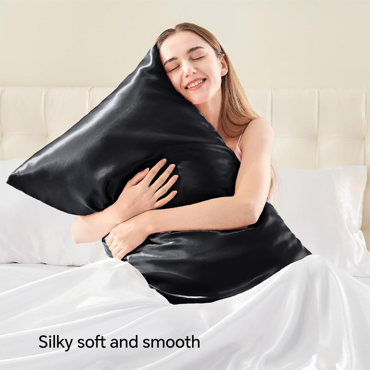 BEDELITE Zipper Satin Pillowcases, Standard Size 20"x26", Black, Set of 2