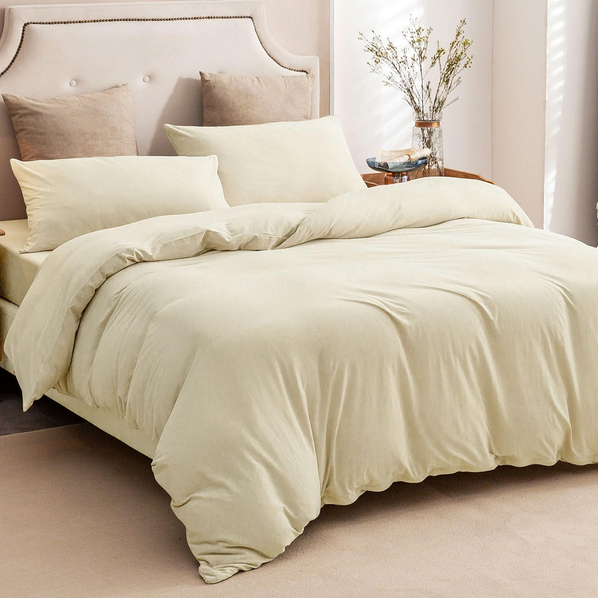PURE ERA Jersey Knit Duvet Cover Set 100% T-Shirt Cotton Super Soft Comfy 3pc Bedding Set with Zipper Closure (Heather Beige, Queen)