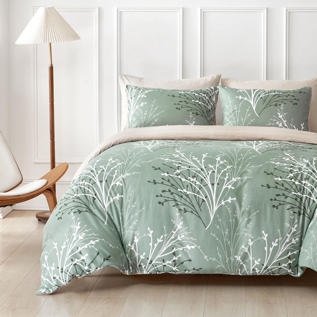 Lekesky Floral Duvet Cover Queen Size 3-Piece, Sage Green