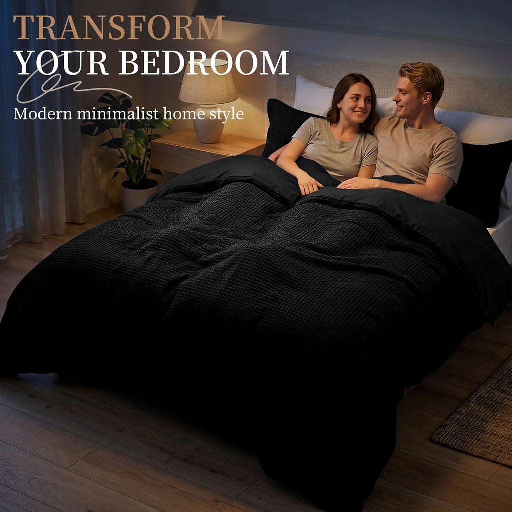 100% Cotton King Size Duvet Cover Set with 2 Pillow Shams, Black