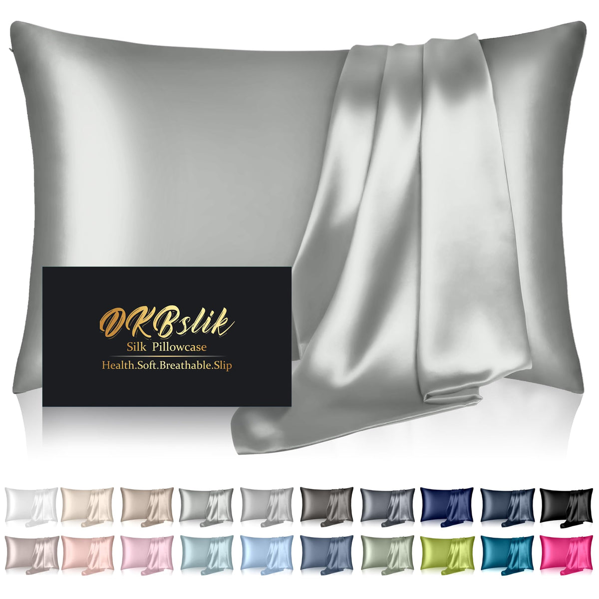 Silk Pillowcase for Hair and Skin, Mulberry Silk Pillow Cases Standard Size, Anti Acne Cooling Sleep Both Sides Natural Silk Satin Pillow Covers with Hidden Zipper, Gifts for Women Men, Ash Blue