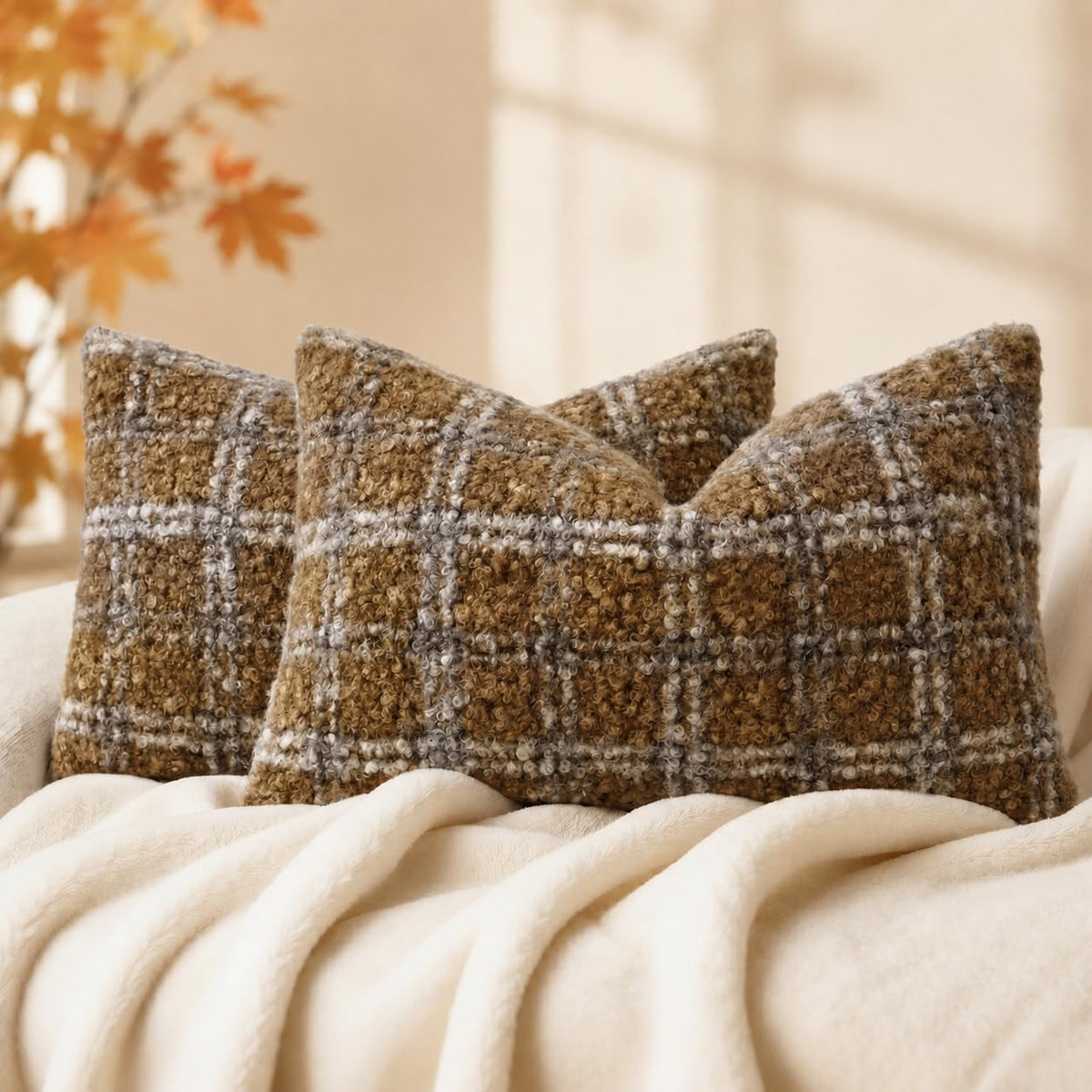 decorUhome Faux Fur Plaid Throw Pillow Covers 20X20 Set of 2 Khaki Brown