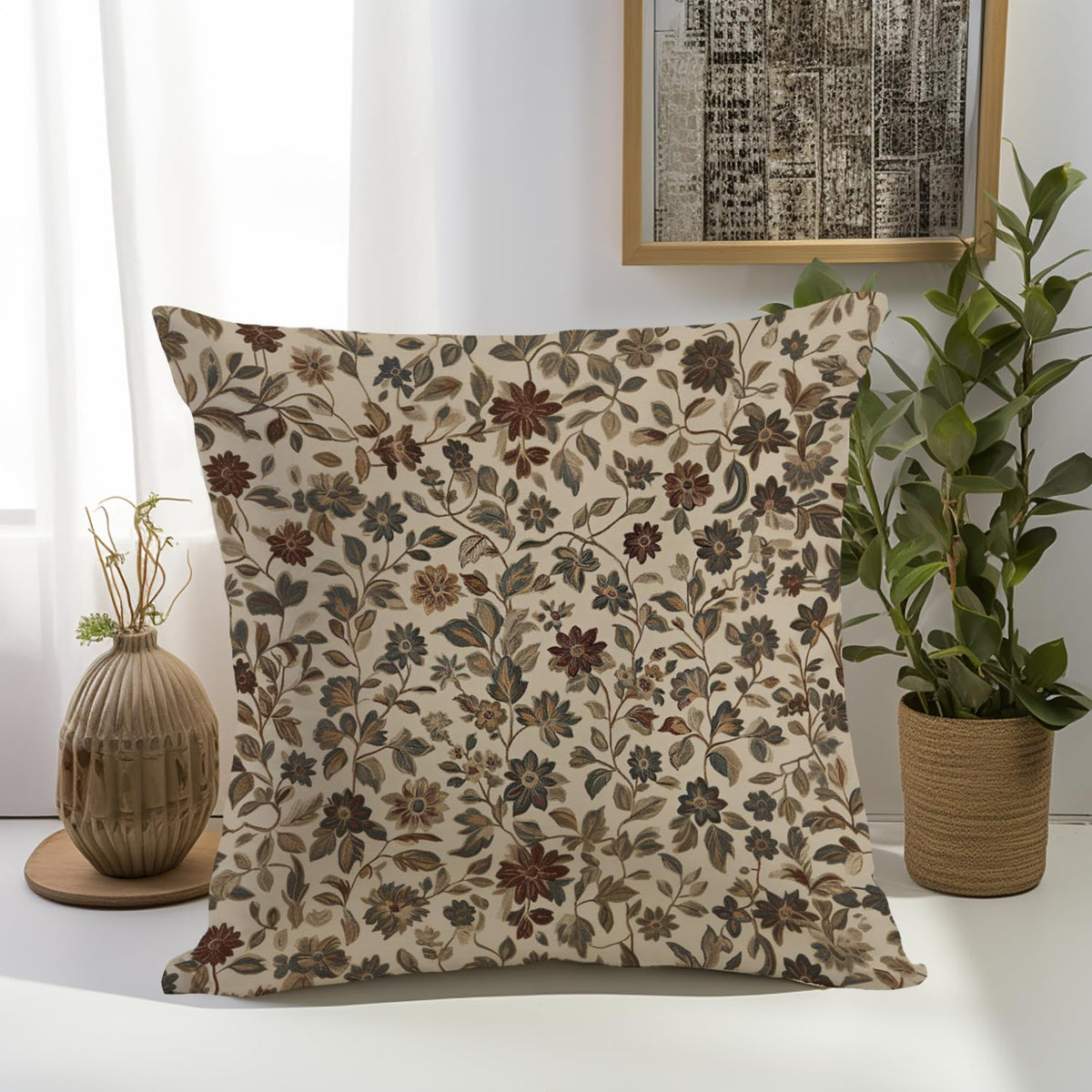 YOU FOUND ME William Morris Abstract Vintage Floral Velvet Design Throw Pillow Covers Home Decor, Retro Art Decor Pillowcase Cushion Cover for Bed Sofa Living Room, Square 18x18inch (Beige-Floral)