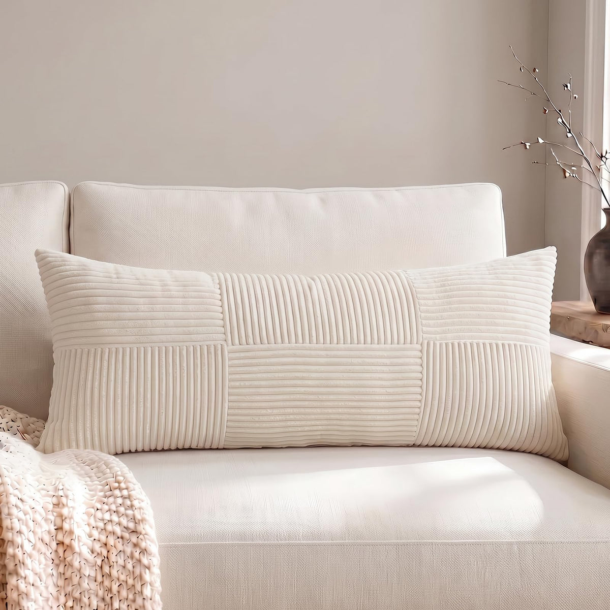 Fancy Homi Blush Pink Lumbar Decorative Throw Pillow Covers 12x20 Inch for Living Room Couch Bed, Rustic Farmhouse Boho Home Decor, Soft Striped Corduroy Rectangle Accent Cushion Case 30x50 cm