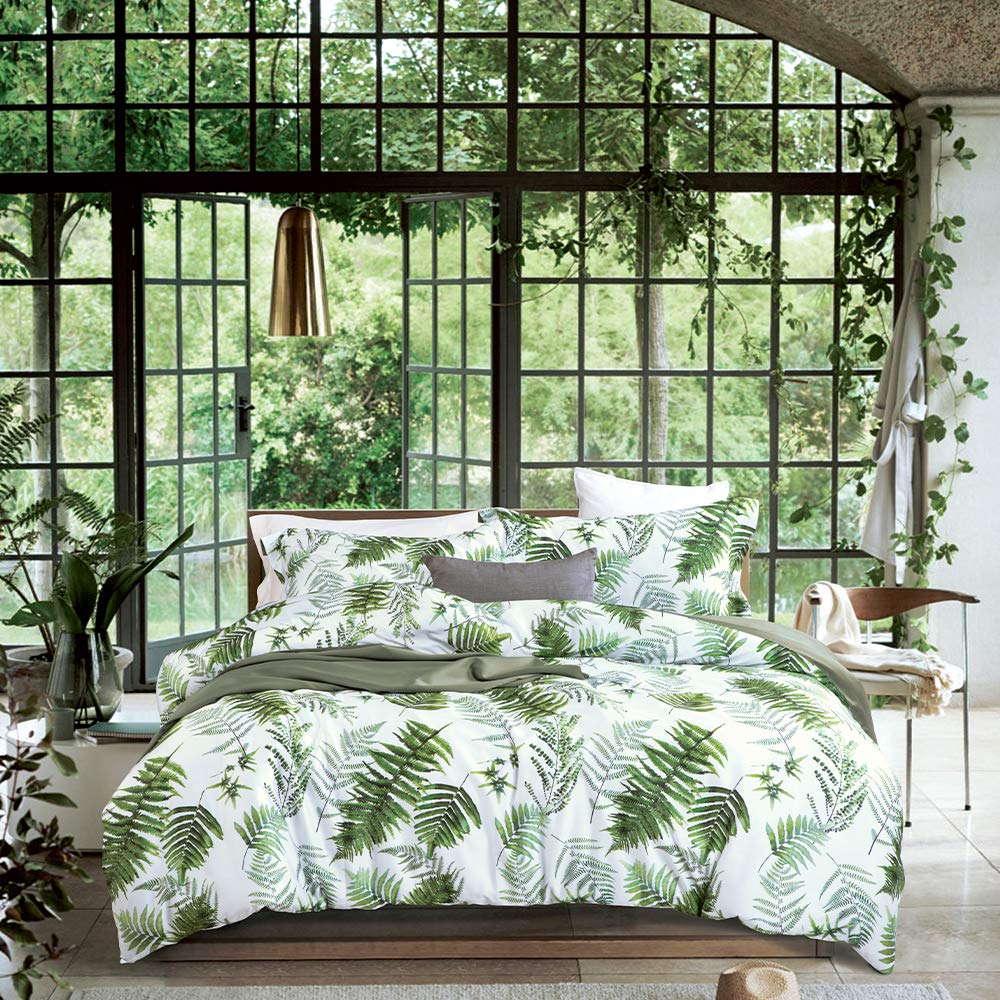 MILDLY White Floral Green Leaves Luxury Duvet Cover Set 3pcs Queen