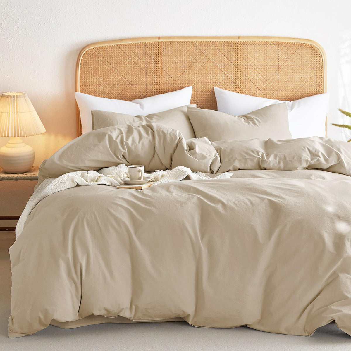 Wake In Cloud - Cotton Duvet Cover Set, 100% Washed Cotton, Linen Like Textured, Breathable Durable Comfy Farmhouse Neutral Bedding Set, 3 Pieces, Denim Blue, Queen Size