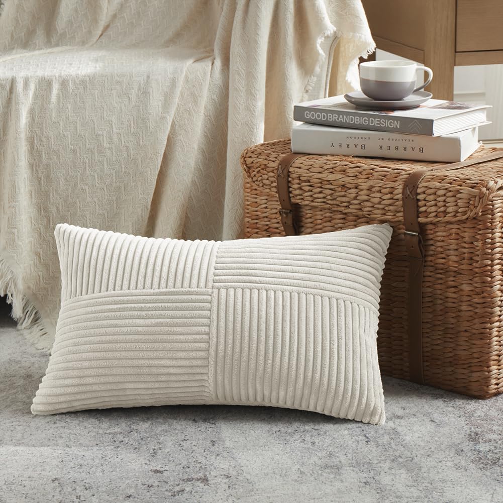Fancy Homi Blush Pink Lumbar Decorative Throw Pillow Covers 12x20 Inch for Living Room Couch Bed, Rustic Farmhouse Boho Home Decor, Soft Striped Corduroy Rectangle Accent Cushion Case 30x50 cm