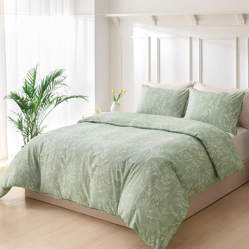 Lekesky Floral Duvet Cover Queen Size 3-Piece, Sage Green