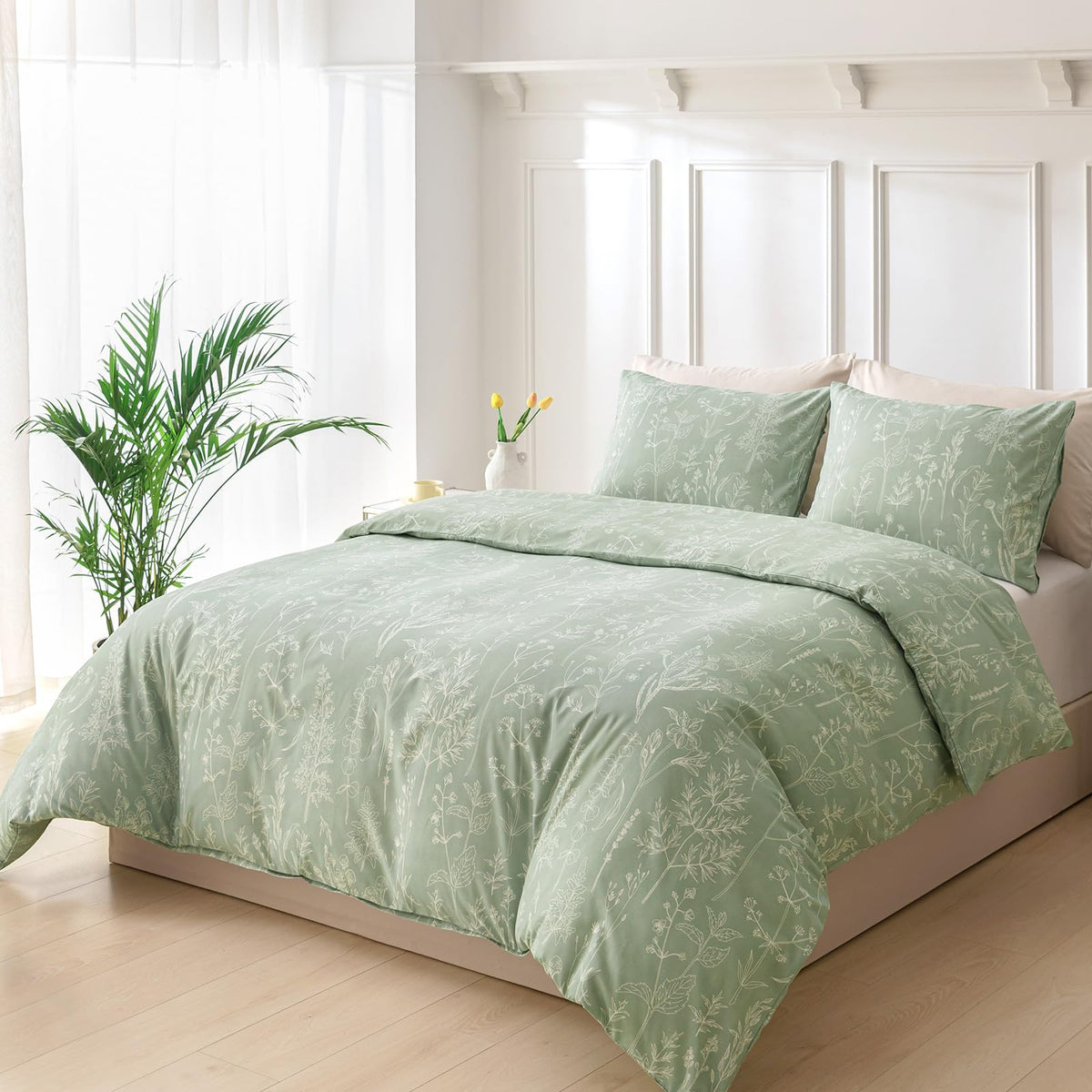 Lekesky Floral Duvet Cover Queen Size 3-Piece, Sage Green