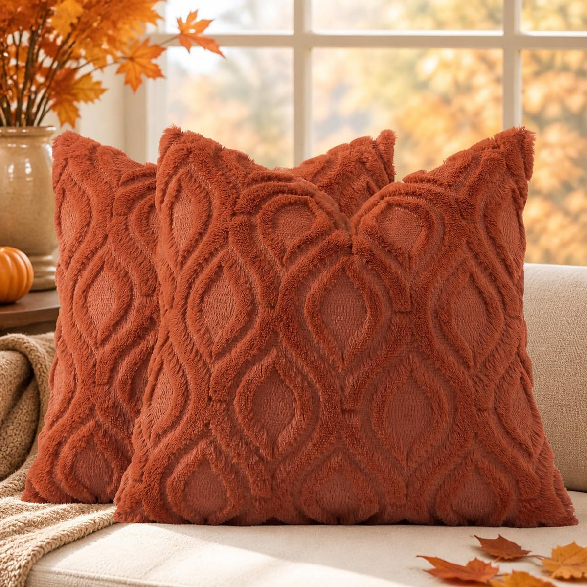 decorUhome Faux Fur Plush Soft Rust Throw Pillow Covers 18x18 Set of 2