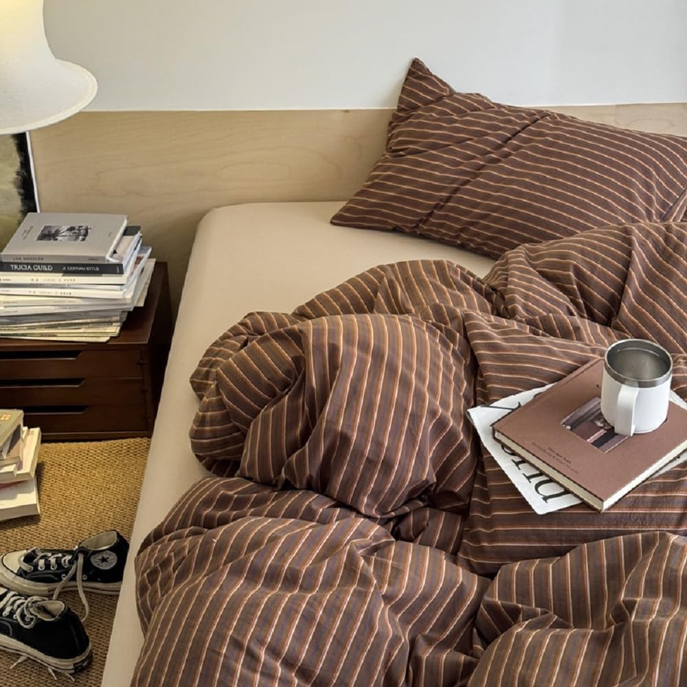 Duvet Cover Set Queen Size Brown Striped Bedding Set for Girls Boys