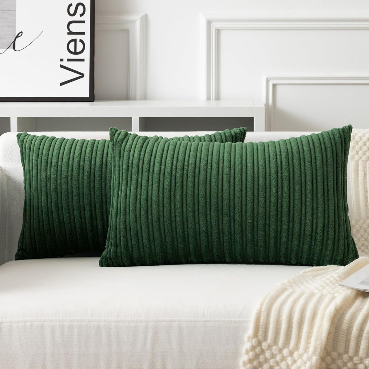UGASA Velvet 12x20 Inch Lumbar Soft Throw Pillow Cover Boho Farmhouse Decorative Corduroy Striped Both Sides Solid Rectangular Cushion Case for Couch Bedroom Sofa Home, 1 Piece, Beige