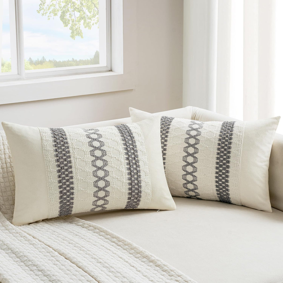 MIULEE Set of 2 Sage Green Boho Decorative Lumbar Pillow Covers 12x20 Inch