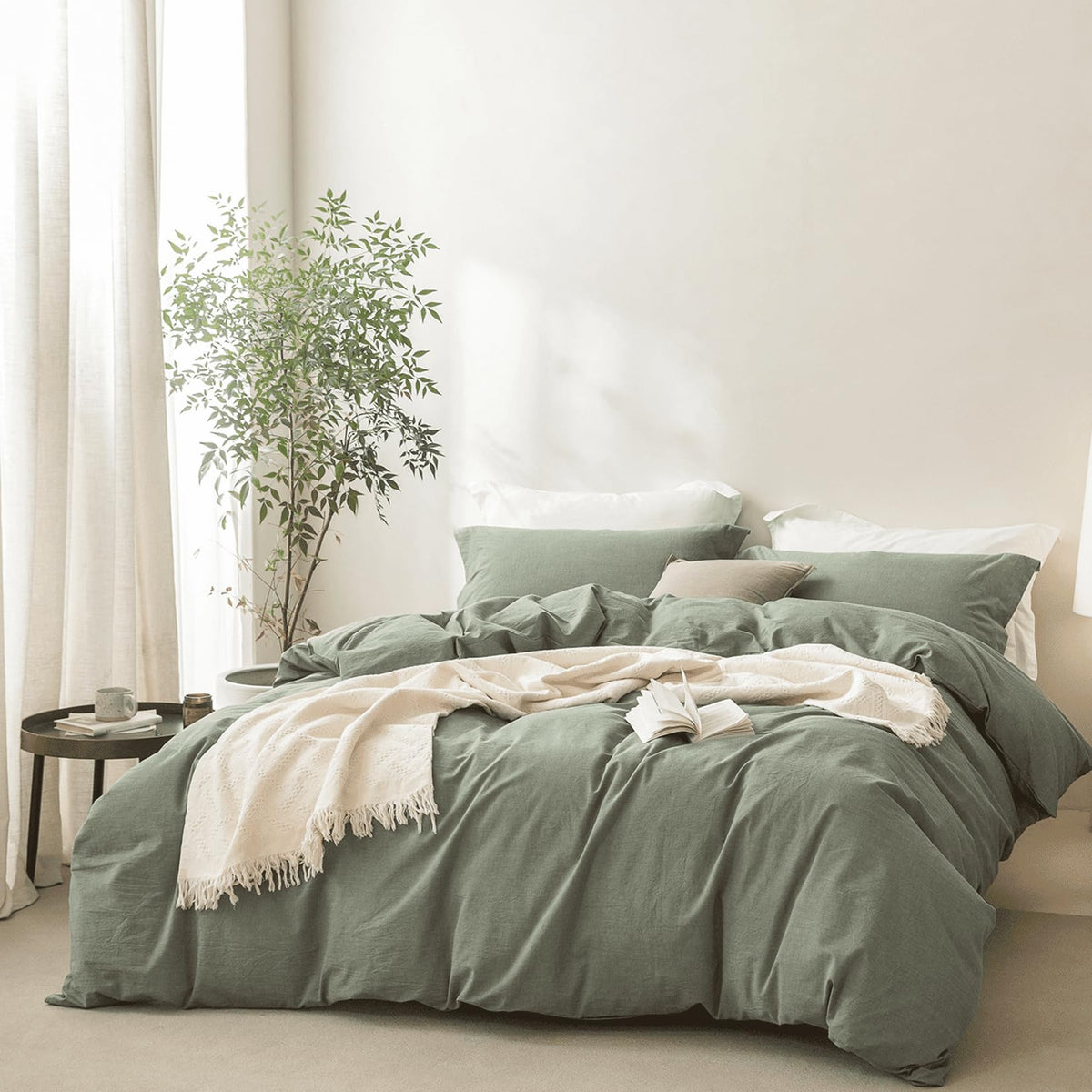BDEAR 3Pcs Olive Green Duvet Cover Set Queen Size 90" L x 90" W,Oeko TEX