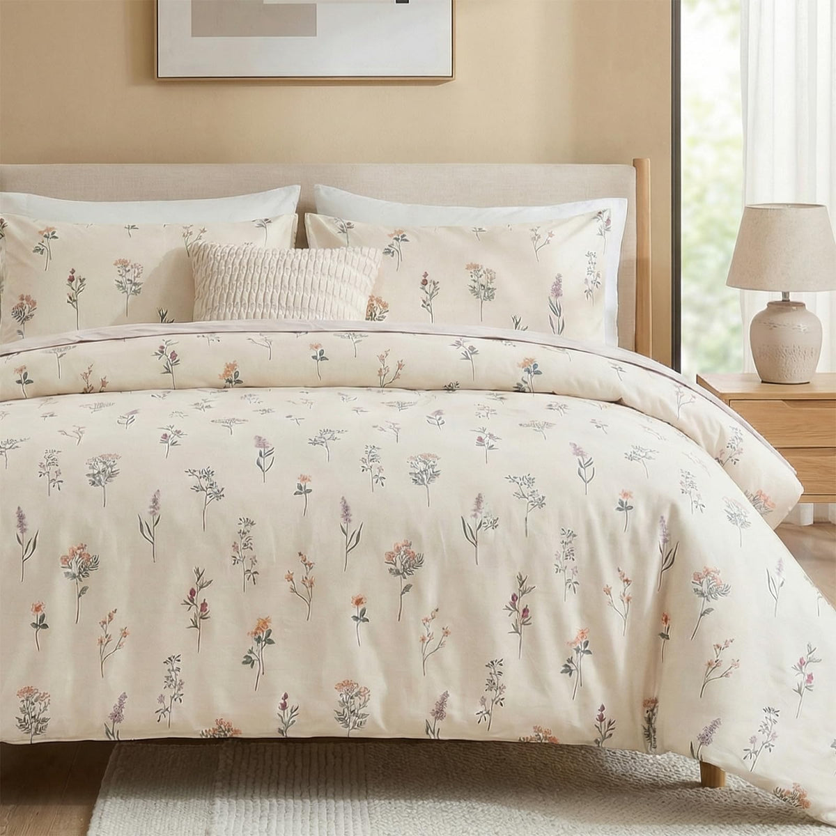 Duvet Cover Queen Size - 100% Cotton Reversible Floral Queen Duvet Cover Set with Zipper Closure, 3 Pieces Soft & Breathable Green Bedding Set for All Seasons