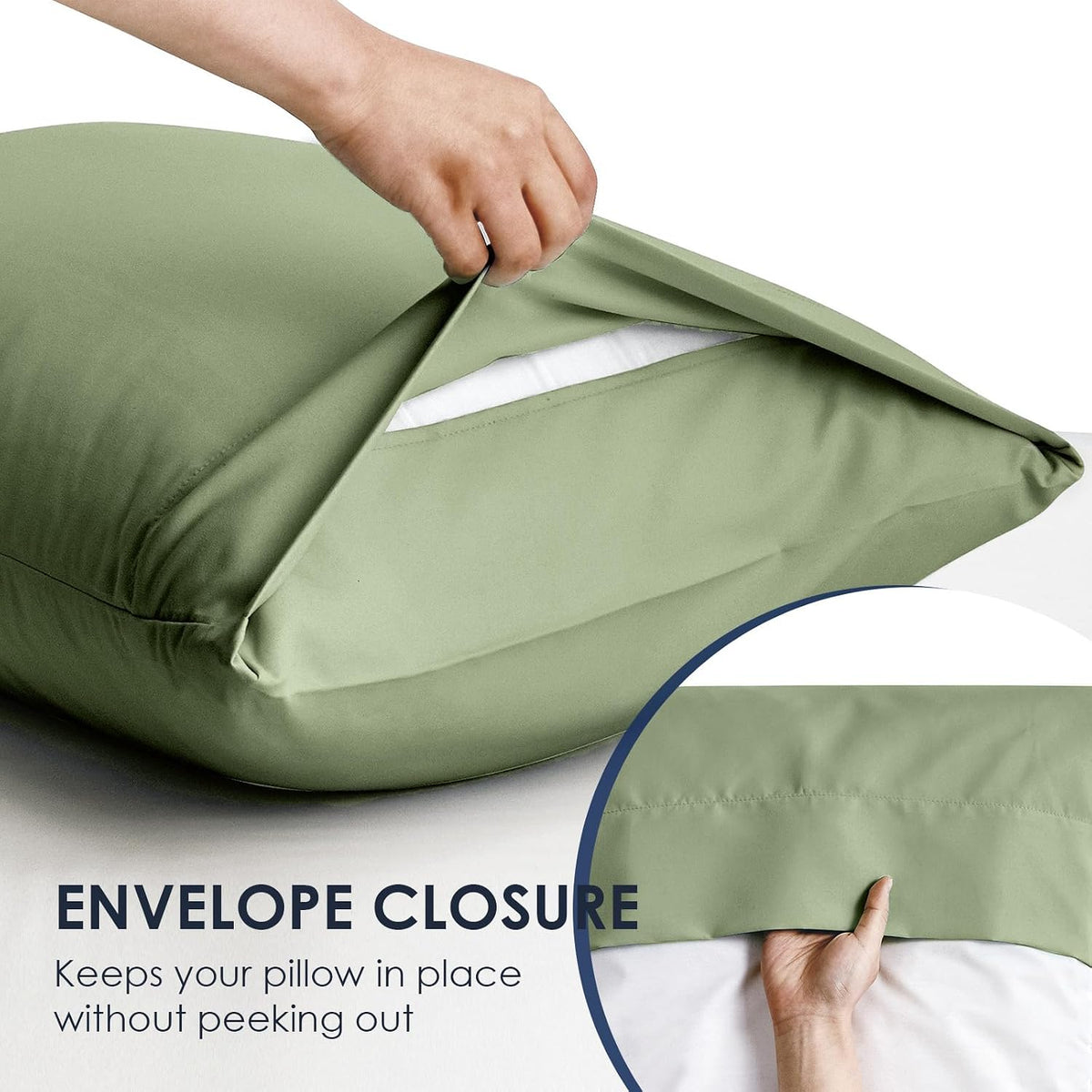 FreshCulture Sage Green Pillowcases Queen Size 2 Pack - Pillowcase Set - Envelope Closure - Soft Brushed Microfiber Fabric - 20x30 Inches Pillow Case Set of 2 for Home, Hotels, Schools