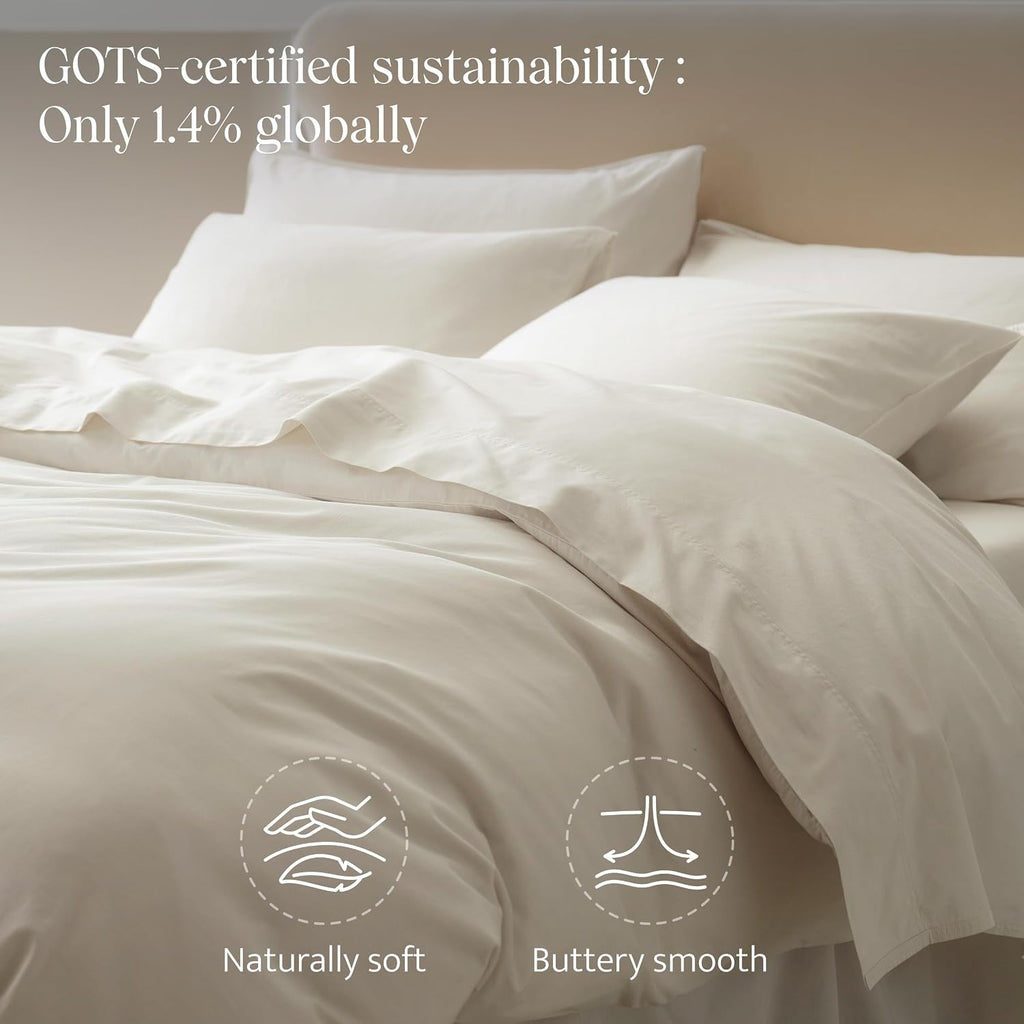 Double Stitch GOTS Organic Cotton King Duvet Cover, Washed 300TC, Off White
