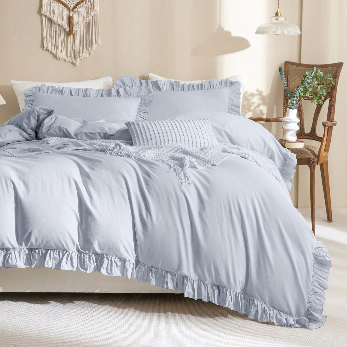 QSH Washed Cotton Duvet Cover King Ruffle Duvet Cover Linen Textured Farmhouse Shabby Vintage Chic Bedding Comforter Cover 3 PCs Aesthetic French Country Vintage King Bedding