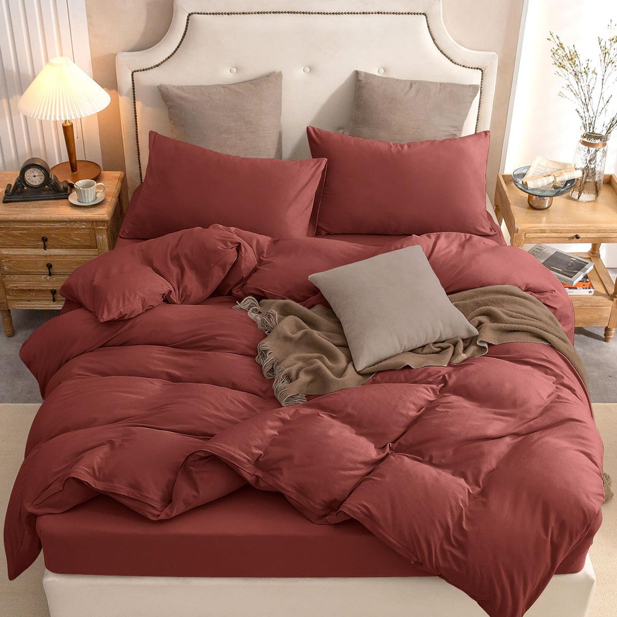 PURE ERA Jersey Knit Duvet Cover Set 100% T-Shirt Cotton Super Soft Comfy 3pc Bedding Set with Zipper Closure (Heather Beige, Queen)