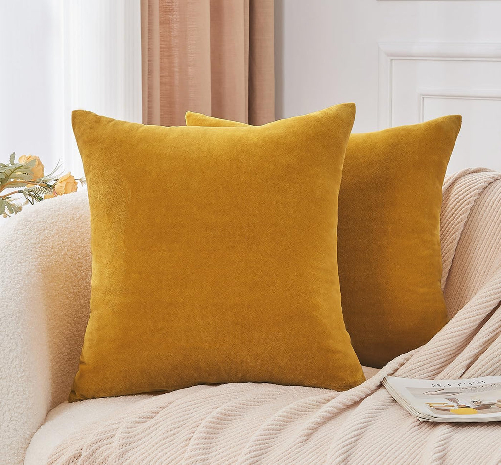 Throw Pillow Covers Mustard Yellow Set of 2 18x18 Inch Fall Pillow Covers, Soft Velvet Farmhouse Neutral Decorative Pillowcases for Couch Sofa Bed, Home Boho Decor, Modern Cushion Covers