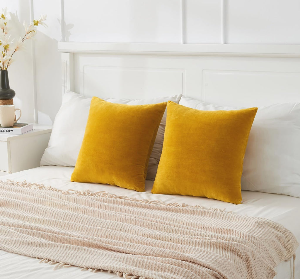 Throw Pillow Covers Mustard Yellow Set of 2 18x18 Inch Fall Pillow Covers, Soft Velvet Farmhouse Neutral Decorative Pillowcases for Couch Sofa Bed, Home Boho Decor, Modern Cushion Covers