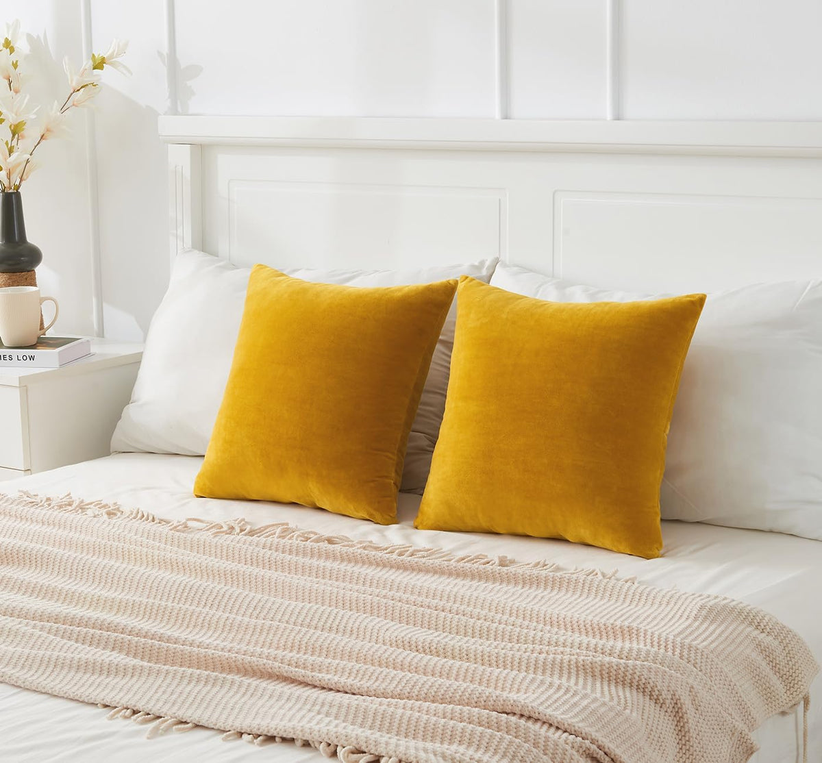 Throw Pillow Covers Mustard Yellow Set of 2 18x18 Inch Fall Pillow Covers, Soft Velvet Farmhouse Neutral Decorative Pillowcases for Couch Sofa Bed, Home Boho Decor, Modern Cushion Covers