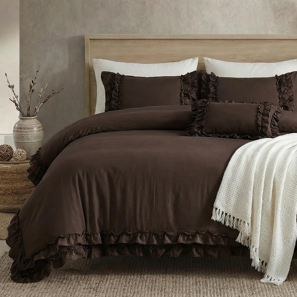 Bedorm Beige Duvet Cover Set Queen Ruffle Bedding Set Pleat Ruffled Shabby Chic Comforter Cover Extra Soft & Easy Care White Boho Duvet Cover with Zipper Closure