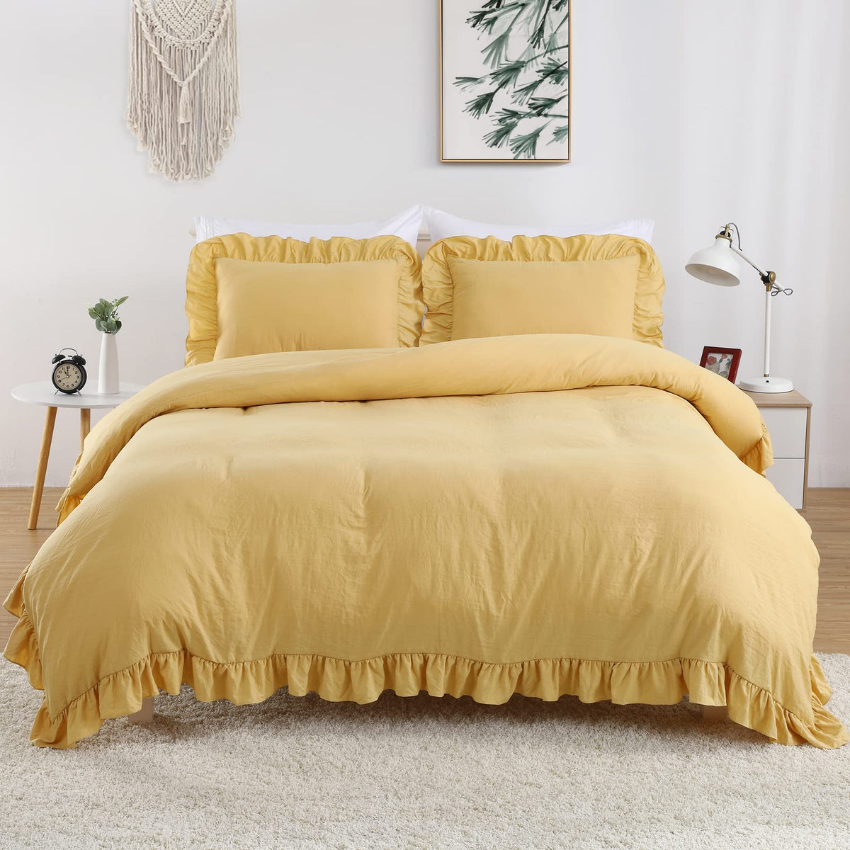 CAROMIO White Ruffle Duvet Cover Queen Size, 3PCS Soft Washed Microfiber Vintage French Country Duvet Cover Set for Queen Bed, White, 90x90 in