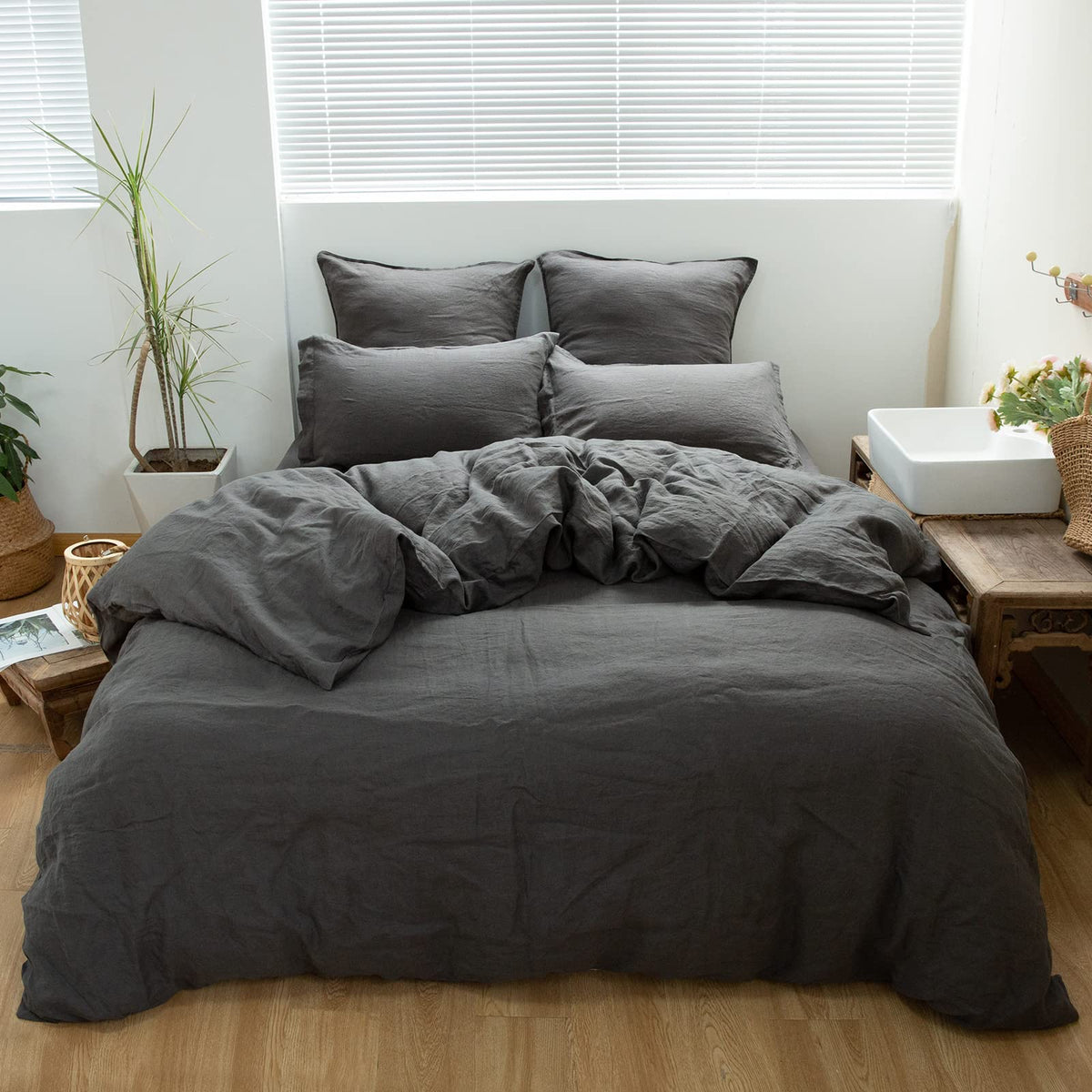 Simple&Opulence 100% Linen Duvet Cover Set 3pcs Basic Style Natural French Washed Flax Solid Color Soft Breathable Farmhouse Bedding with Button Closure - Linen, King