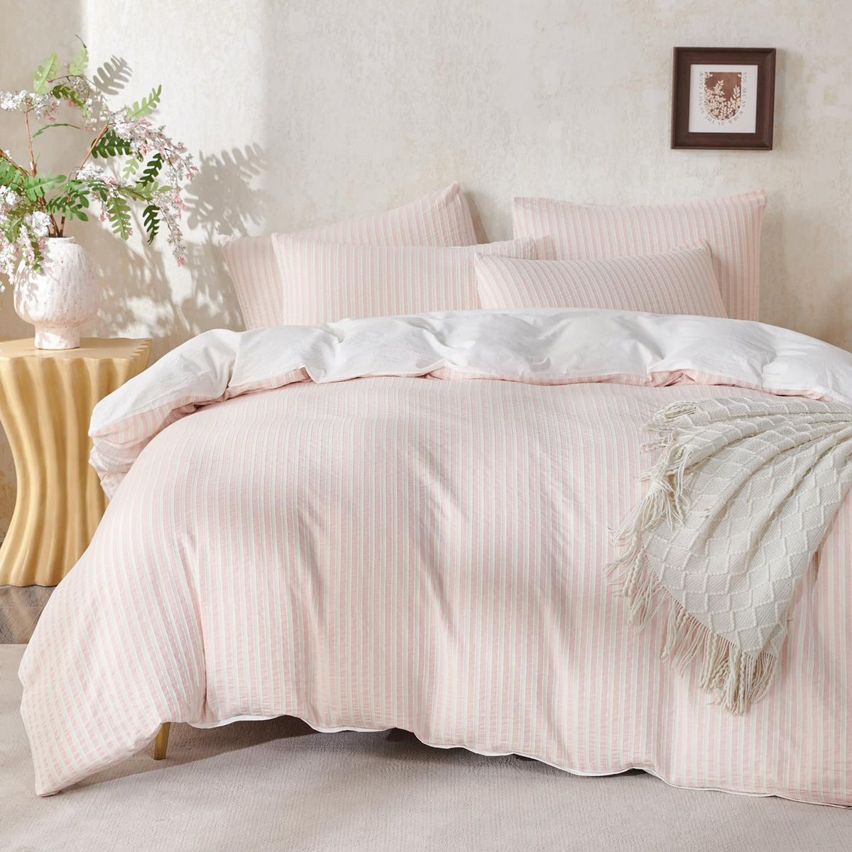 King Size Duvet Cover Set Floral Luxury Soft Brushed Microfiber Crinkle Gauze Fabric 3 Pieces Bedding Set Flower Pattern Duvet Cover King with Zipper Closure Breathable Comfy
