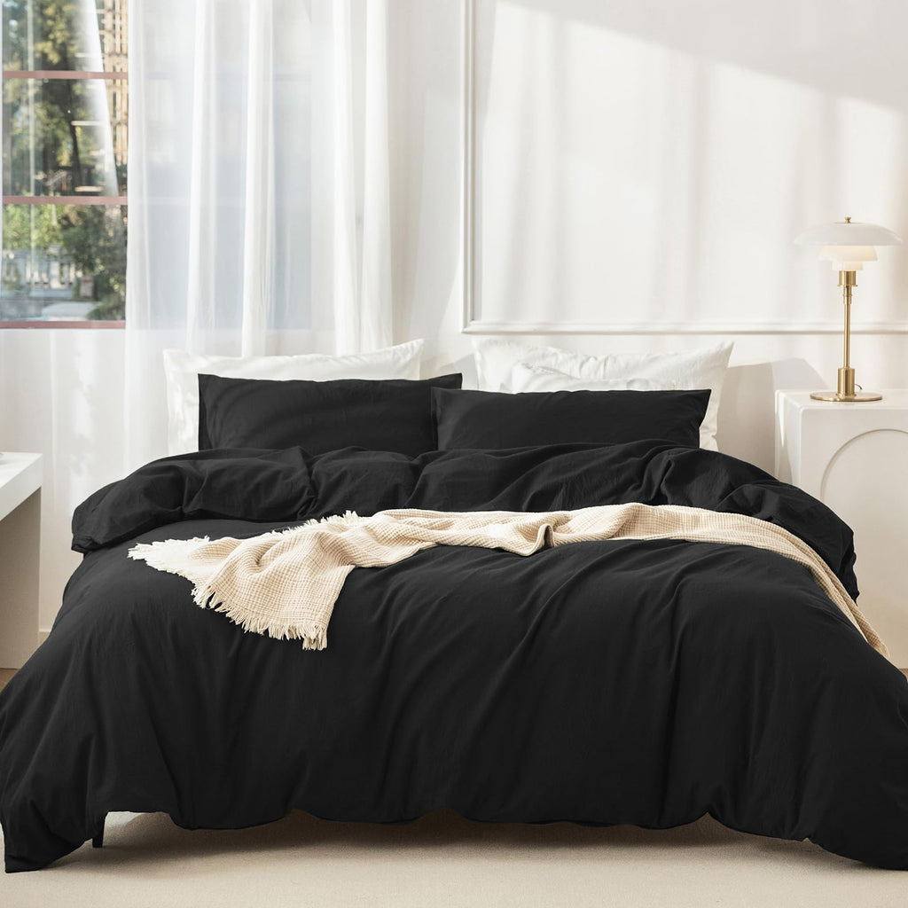 JIYUAN Queen Washed Cotton Duvet Cover Set, 3-Piece, Relaxed Linen Feel