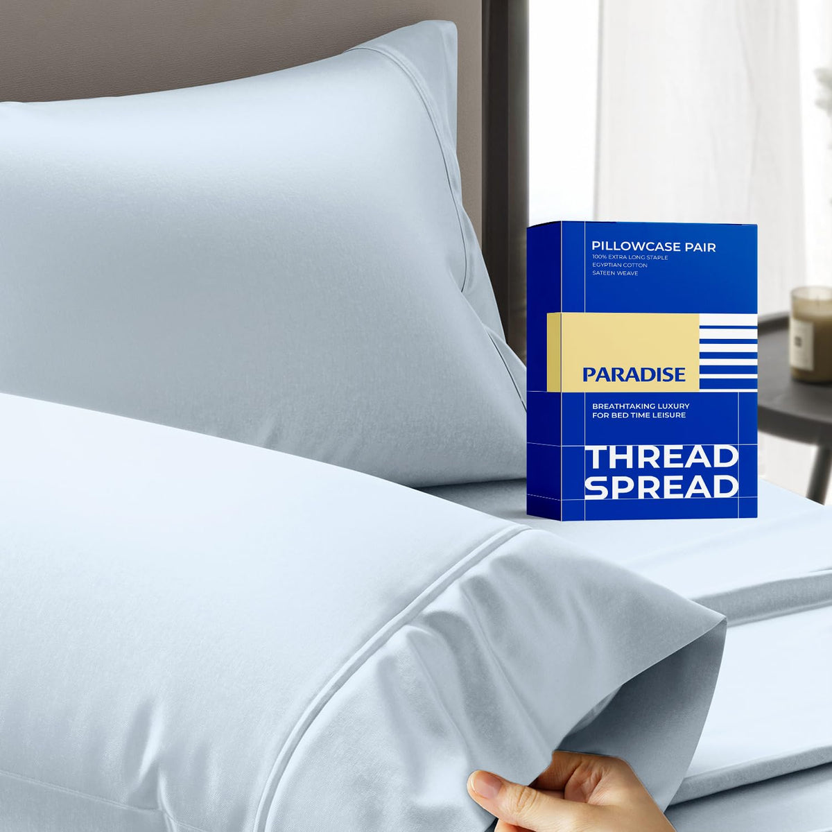 Thread Spread 100% Egyptian Cotton Pillow Cases Queen Size Set of 2 - Luxury 1000 Series Paradise Collection Queen Pillow Cases (White), Soft Cooling Sateen Hotel Egyptian Cotton Pillowcases