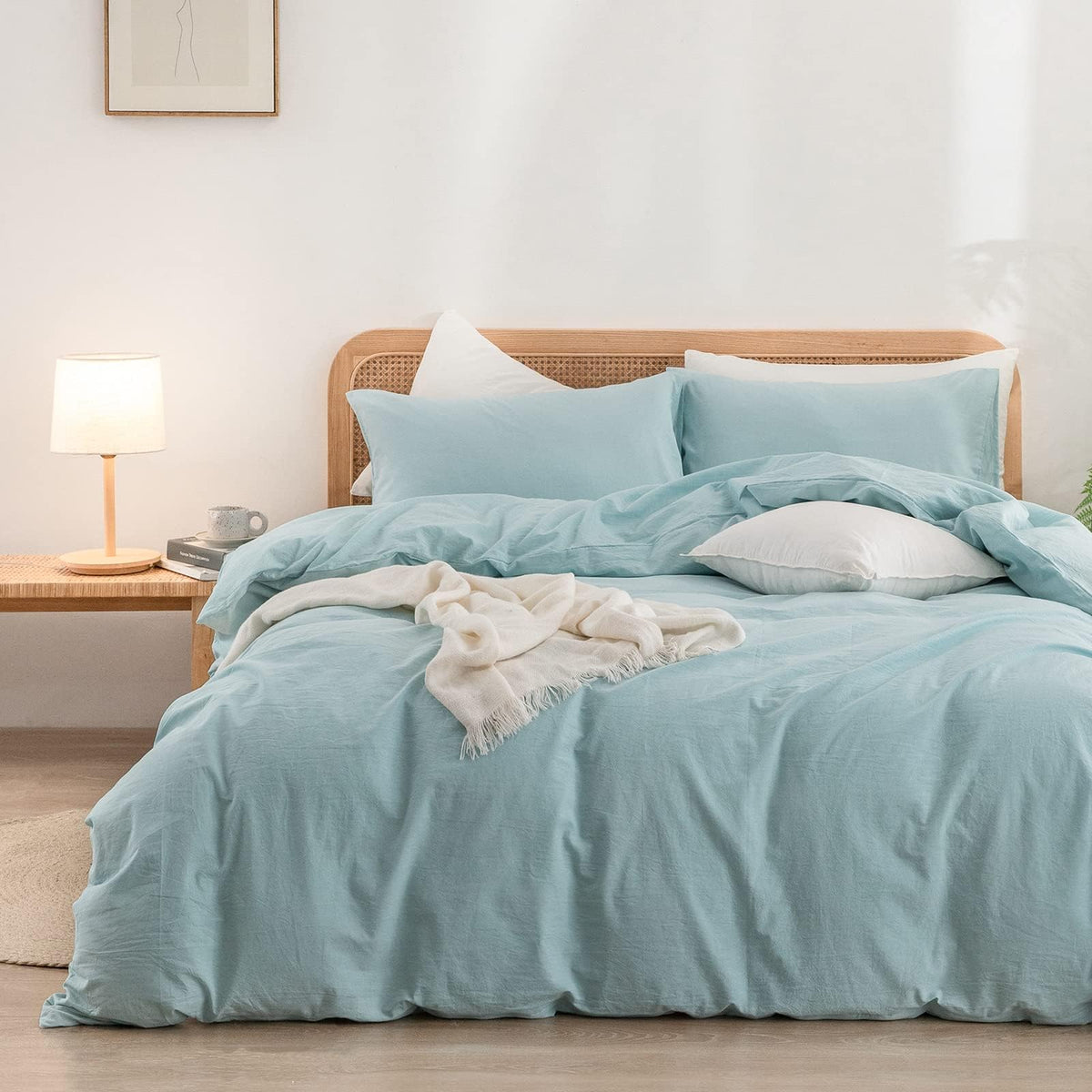 BESTOUCH Cotton Solid Duvet Cover Set Linen Feel Off White Queen