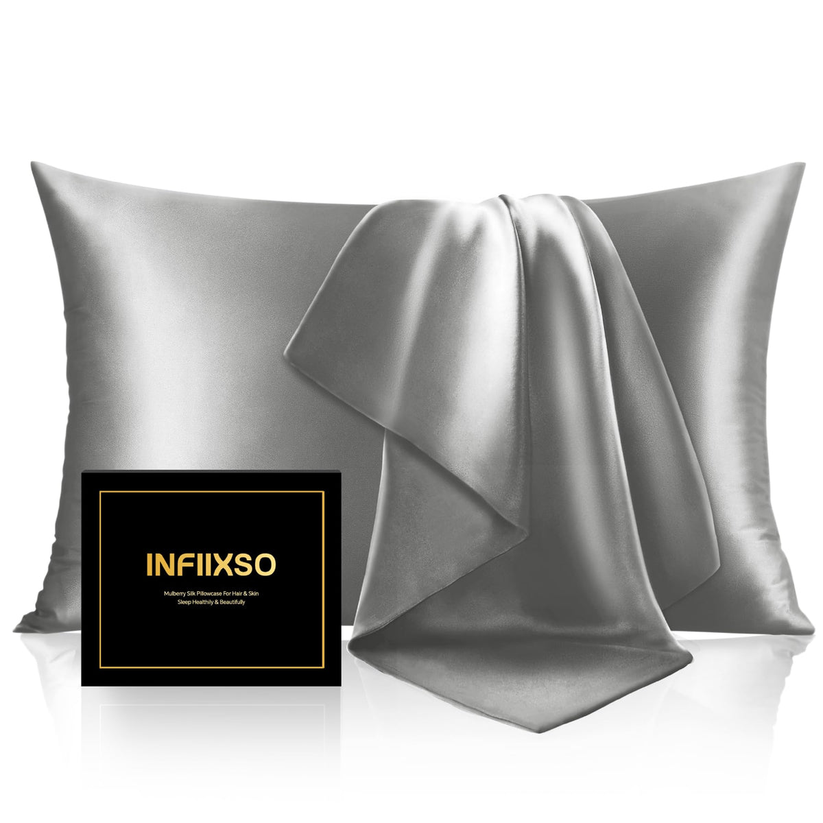 INFIIXSO Silk Pillow Cases 2 Pack, Standard Size, Hidden Zipper, Light Grey