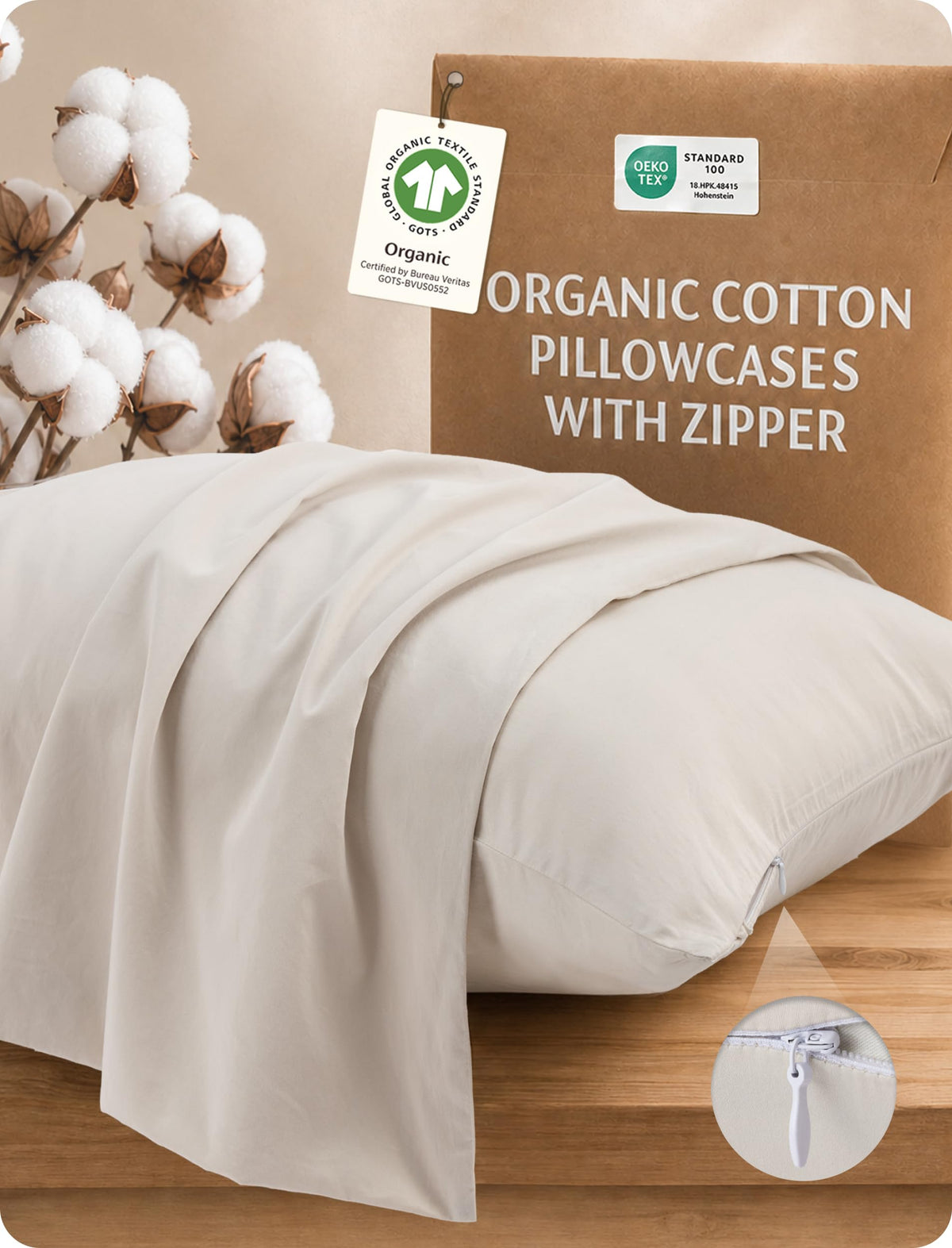 Bedsure PureWoven Organic Cotton Zipper Pillow Cases Queen Size Set of 2