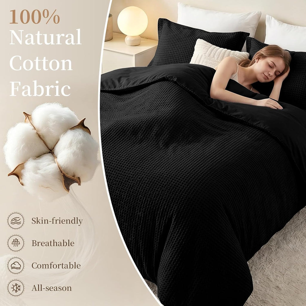 100% Cotton King Size Duvet Cover Set with 2 Pillow Shams, Black