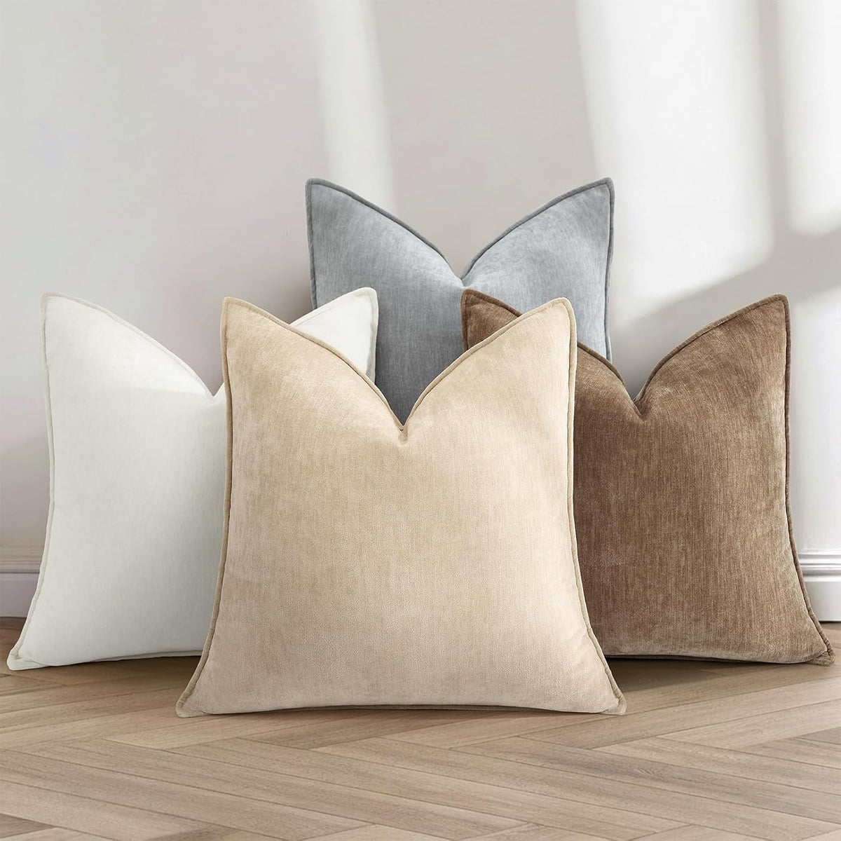 decorUhome Chenille Beige Velvet Throw Pillow Covers 20x20 Set of 2