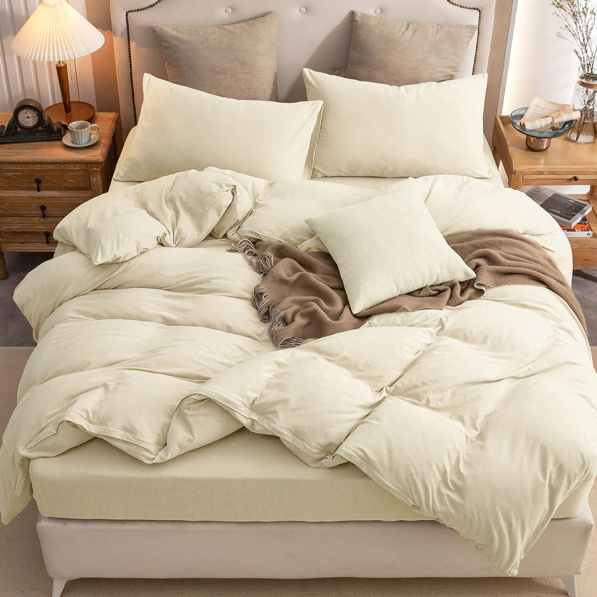 PURE ERA Jersey Knit Duvet Cover Set 100% T-Shirt Cotton Super Soft Comfy 3pc Bedding Set with Zipper Closure (Heather Beige, Queen)