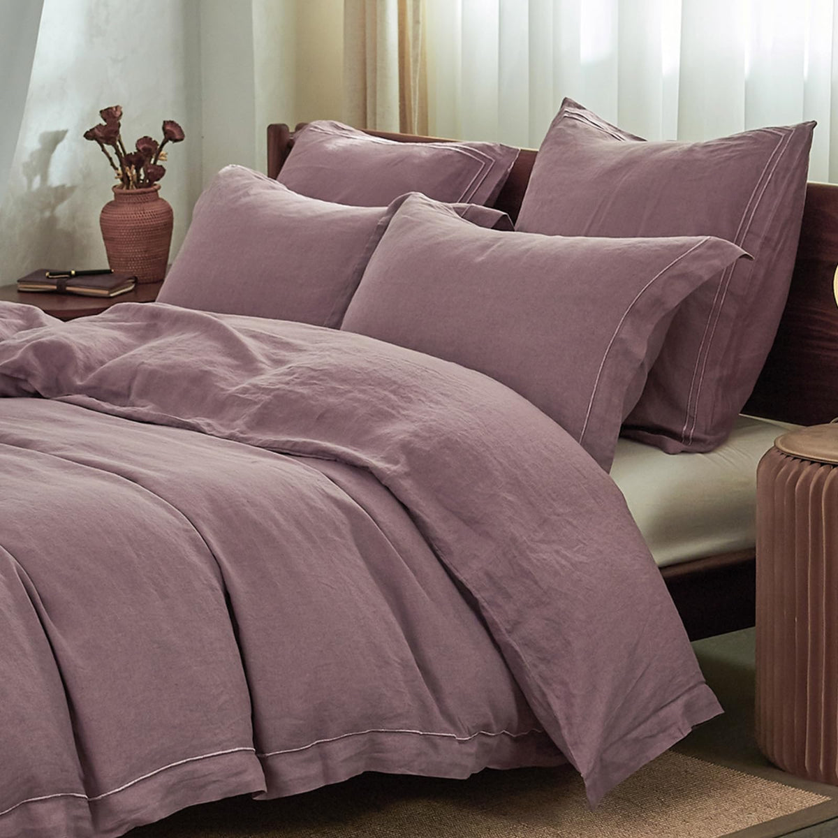 Simple&Opulence 100% French Linen Duvet Cover Set with Embroidered,3 Pcs Washed Soft Farmhouse Bedding Set with Button Closure,1 Comforter Cover and 2 Pillowshams(King,Natural Linen)