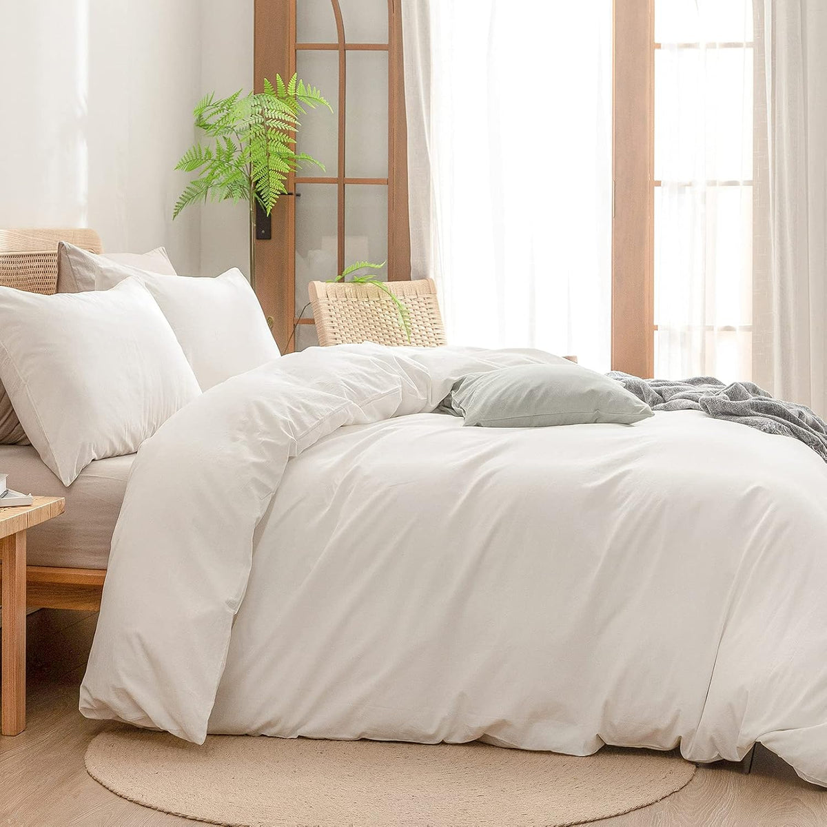 BESTOUCH Cotton Solid Duvet Cover Set Linen Feel Off White Queen