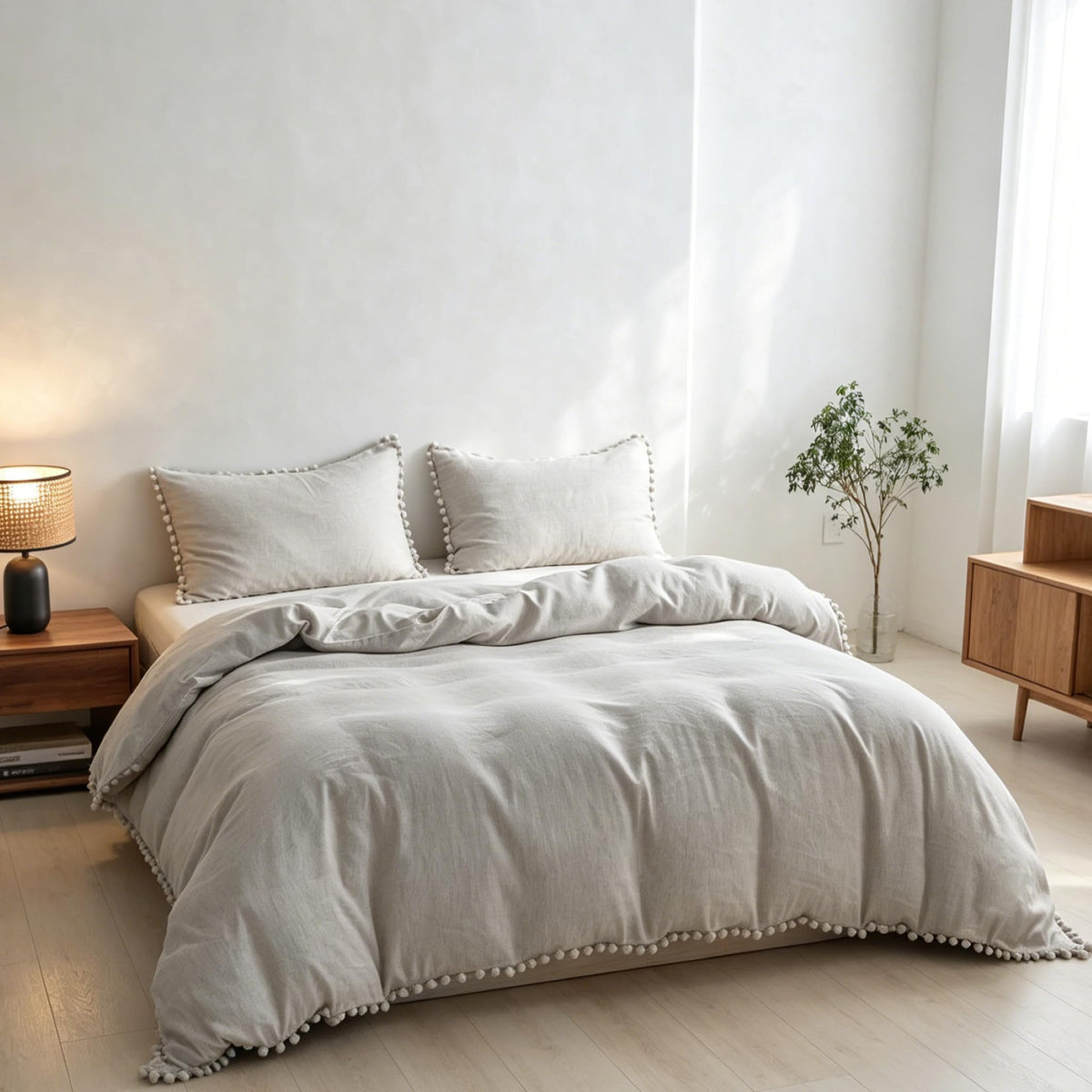 Simple&Opulence 100% French Linen Duvet Cover Set with Embroidered,3 Pcs Washed Soft Farmhouse Bedding Set with Button Closure,1 Comforter Cover and 2 Pillowshams(King,Natural Linen)