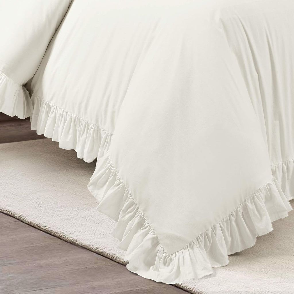 Lush Decor Reyna Ruffle Cotton Duvet Cover Set 3 Piece Set Full/ Queen, White - Queen Size Bedding Set - White Duvet Queen- Ruffled Bedding - Coquette Decor