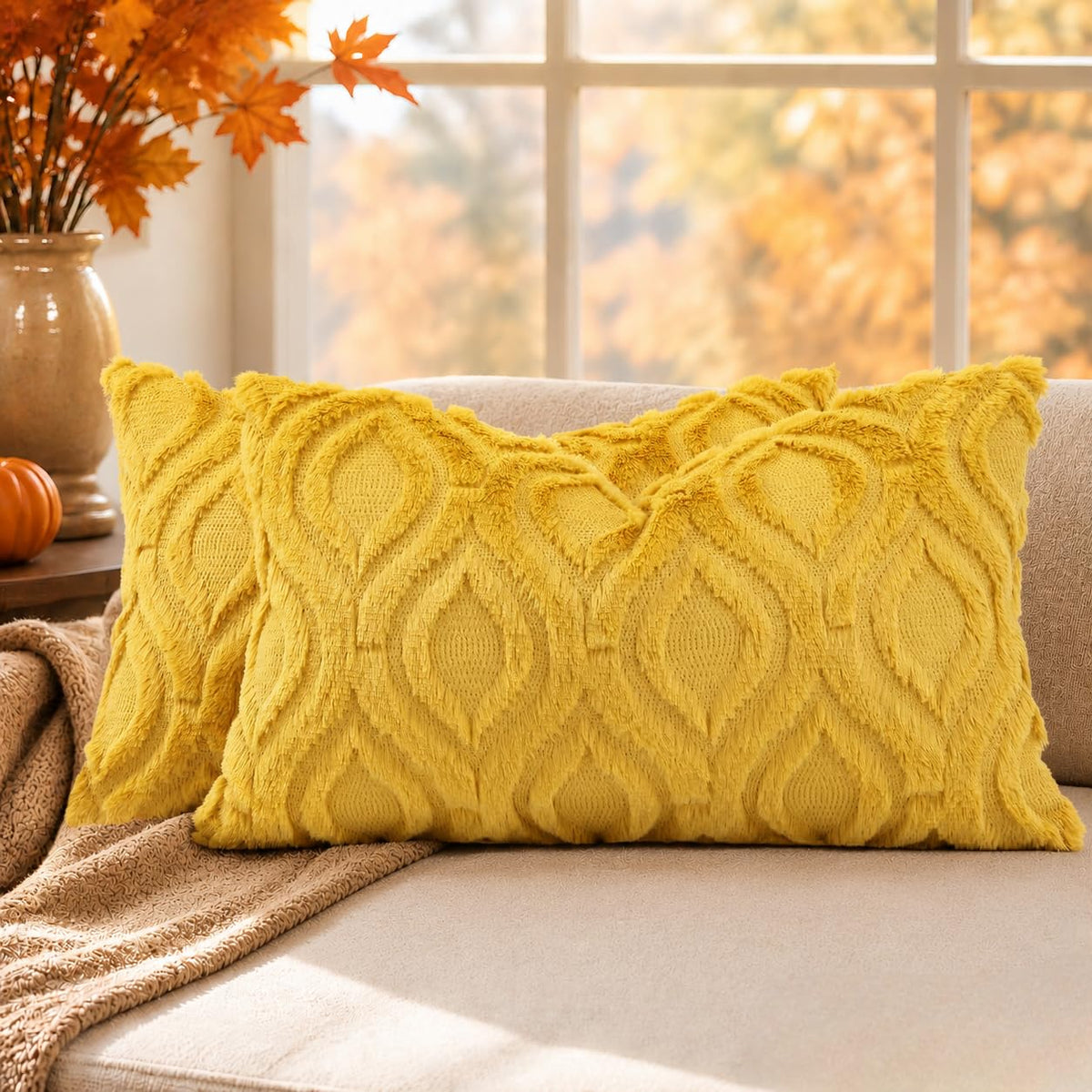 decorUhome Faux Fur Plush Soft Rust Throw Pillow Covers 18x18 Set of 2