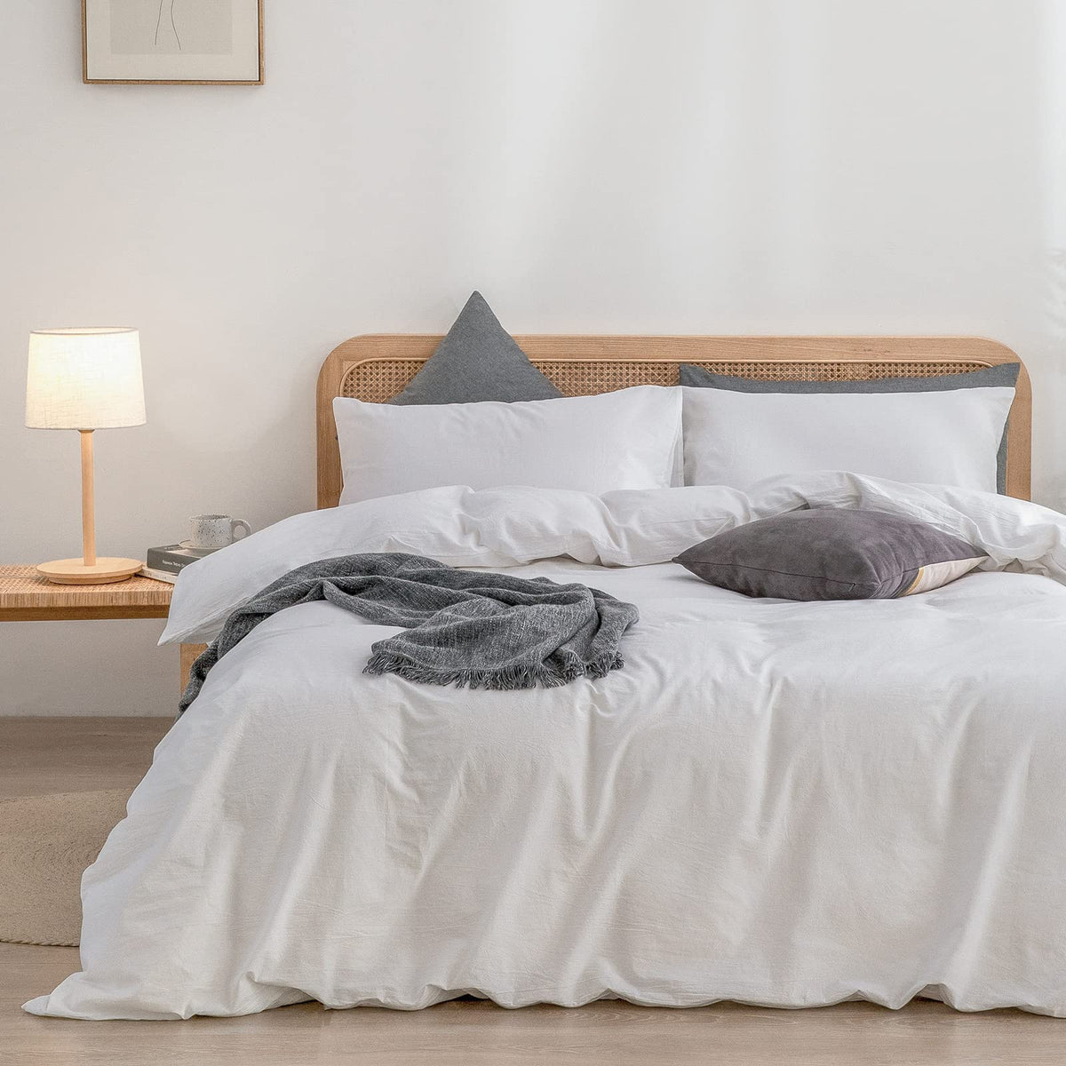 BESTOUCH Cotton Solid Duvet Cover Set Linen Feel Off White Queen