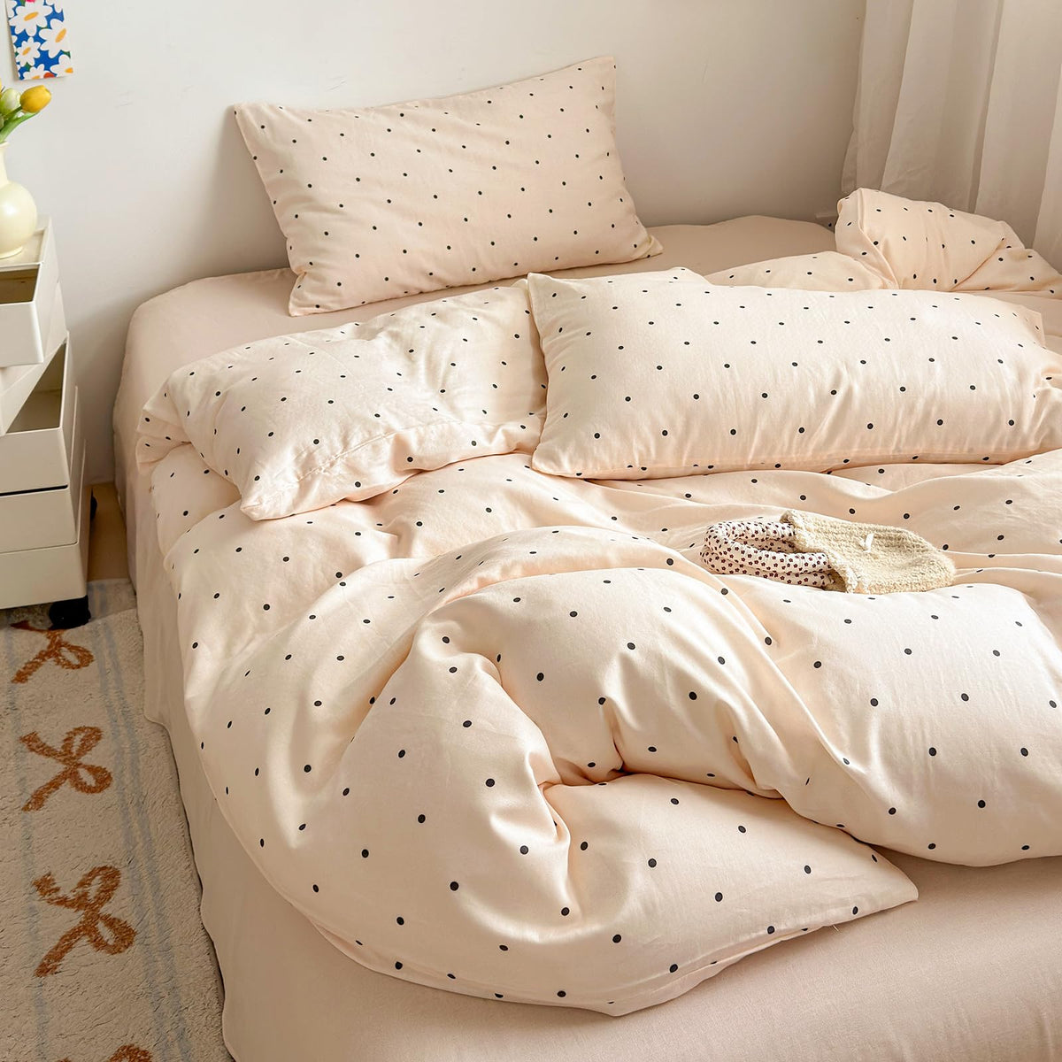 French Chic Ruffled Duvet Cover Queen Size Beige Wavy Jacquard Bedding Set 3 Pieces, Microfiber Zipper Comforter Cover and 2 Pillowcases Aesthetic Boho Girls Women Bedding Duvet Cover for All Seasons