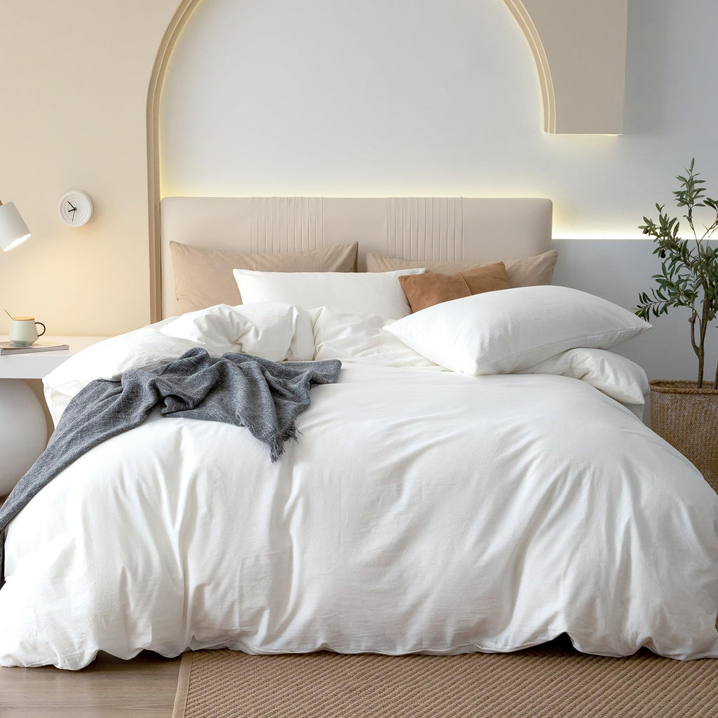 JIYUAN Queen Washed Cotton Duvet Cover Set, 3-Piece, Relaxed Linen Feel