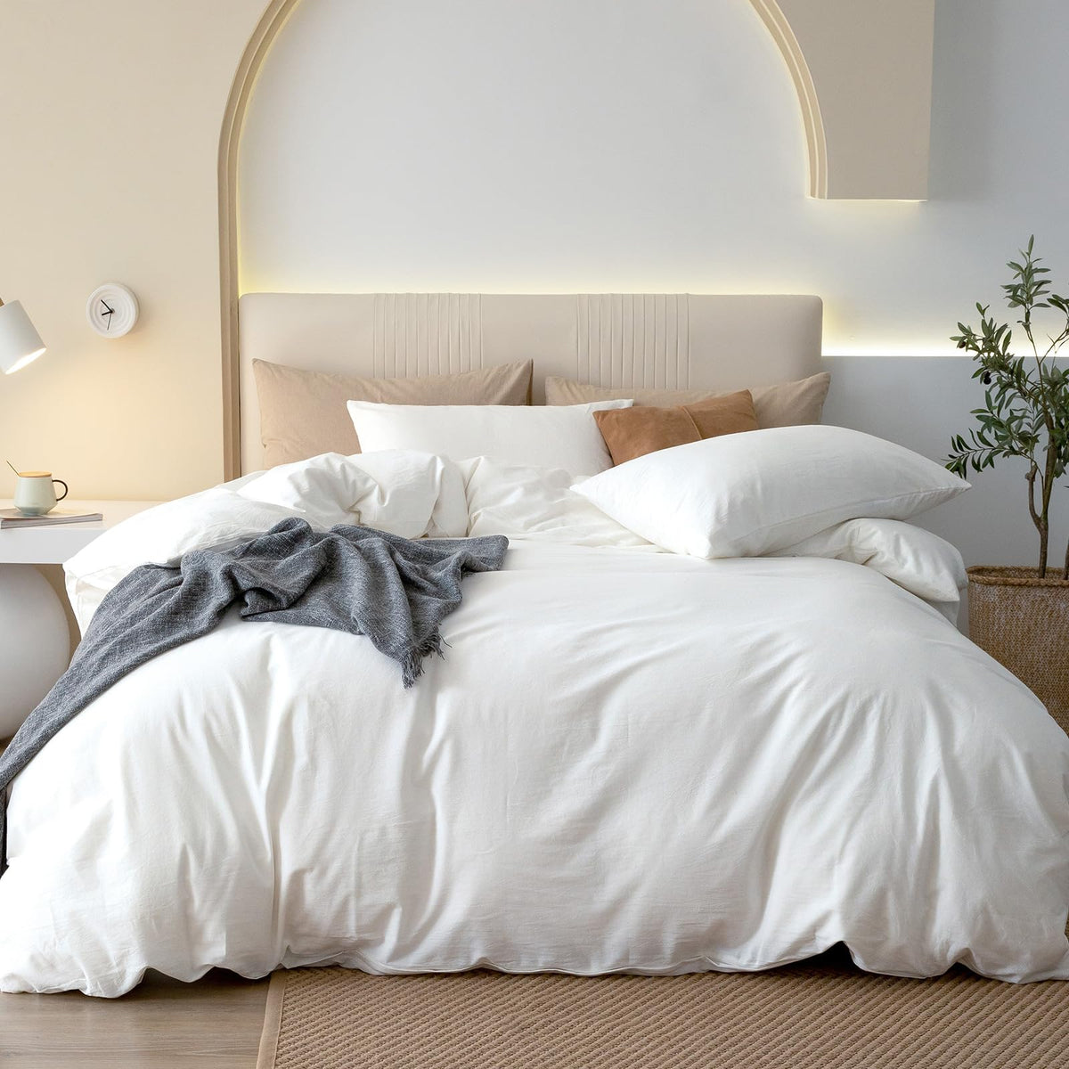 JIYUAN Queen Washed Cotton Duvet Cover Set, 3-Piece, Relaxed Linen Feel