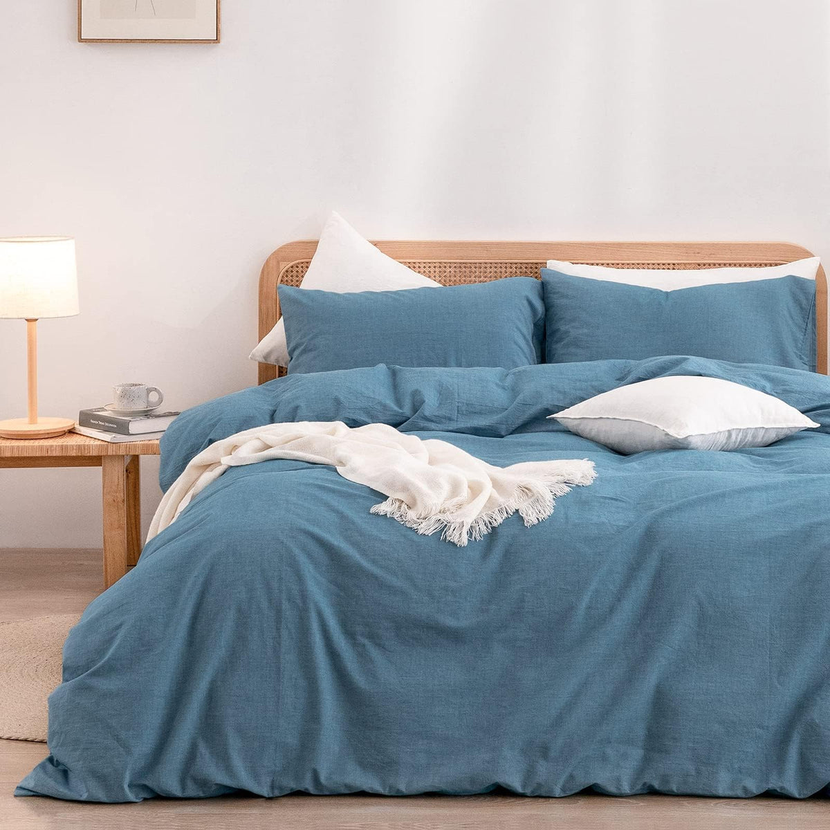 BESTOUCH Cotton Solid Duvet Cover Set Linen Feel Cornflower Blue King
