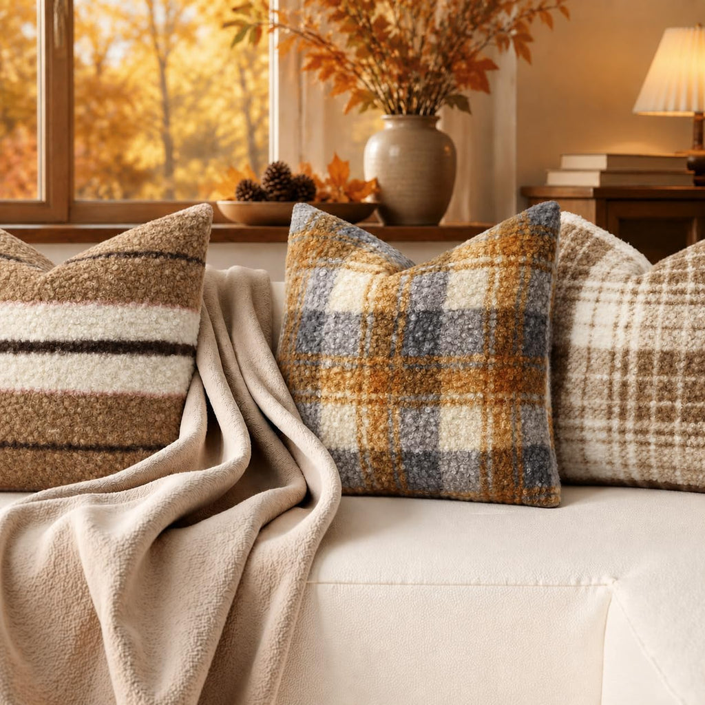 decorUhome Faux Fur Plaid Throw Pillow Covers 20X20 Set of 2 Khaki Brown